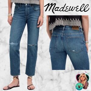 Madewell The Dean Easy Straight Crop Jeans Distressed Blue Button Fly Women's 31
